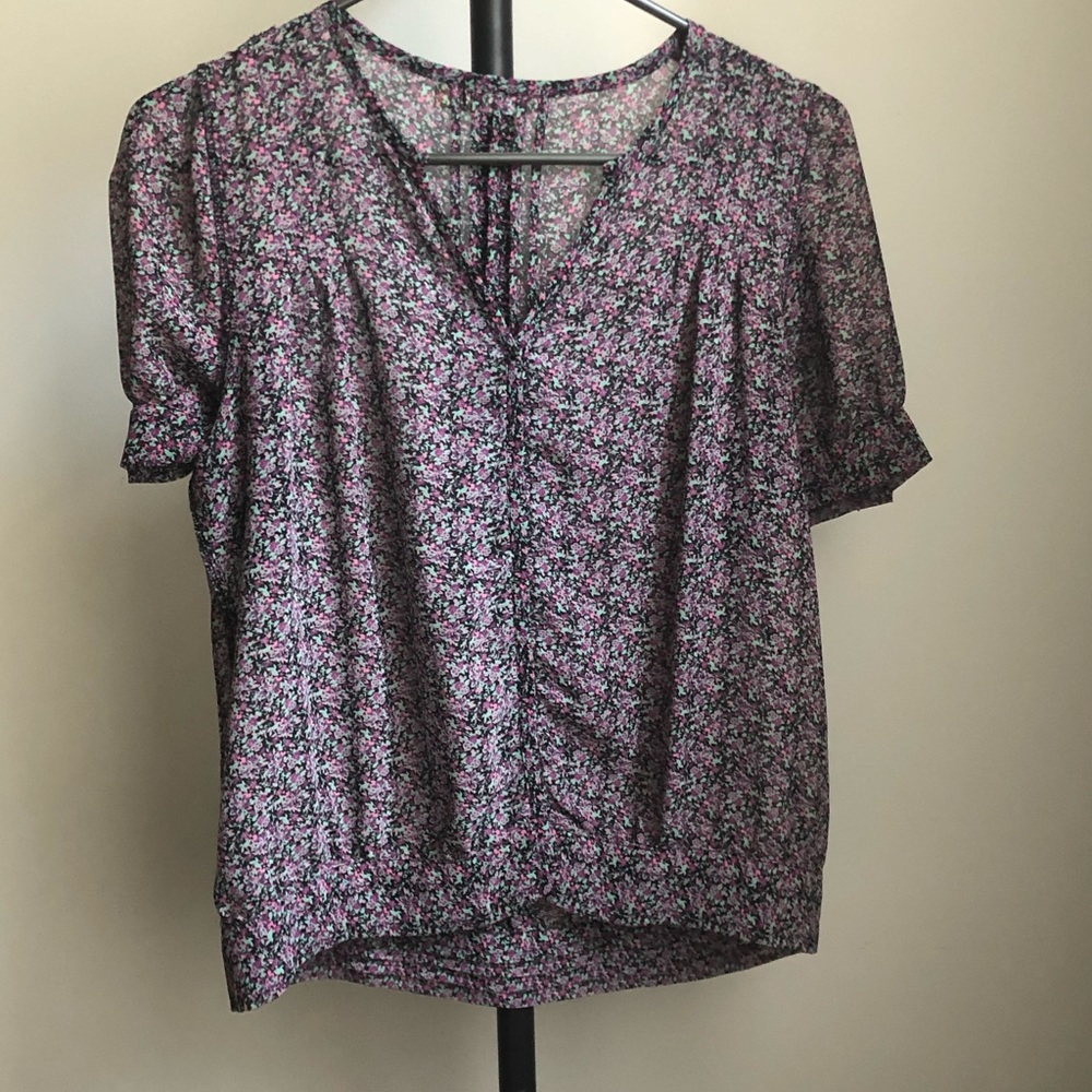 Purple, black and green floral blouse